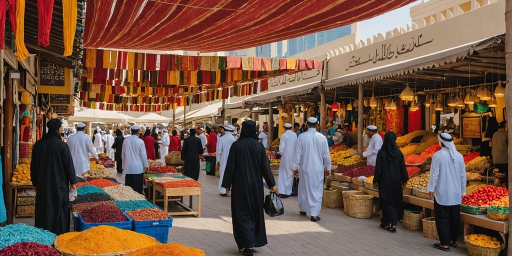 Abu Dhabi market with colorful stalls and local vendors.