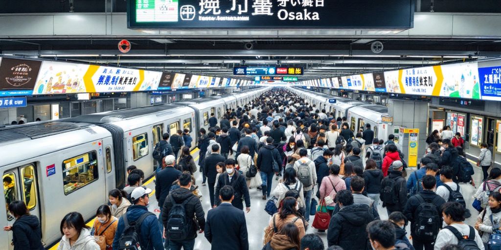 Busy Osaka subway station filled with commuters and trains.