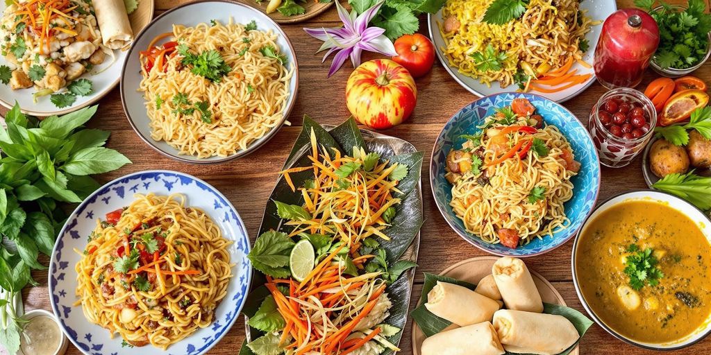 Colorful Thai dishes on a wooden table.
