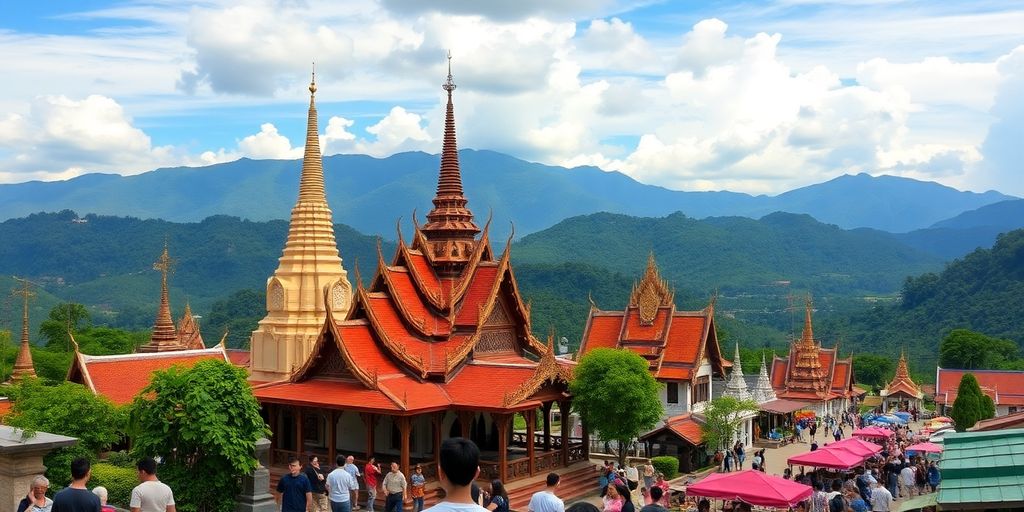 Scenic Chiang Mai with mountains, temples, and market bustle.