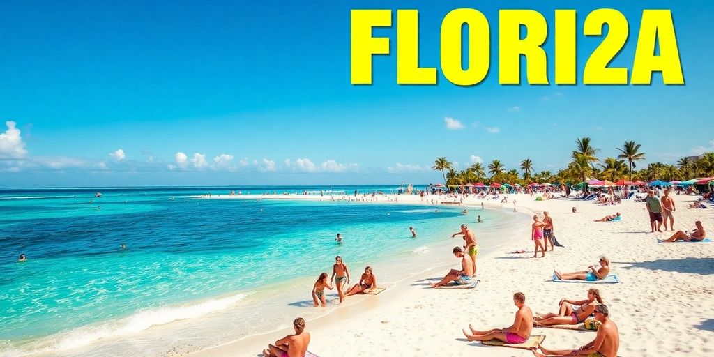 Vibrant beach scene with tourists enjoying Florida vacation.